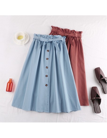 Midi Knee Length Elegant Button High Waist Skirt