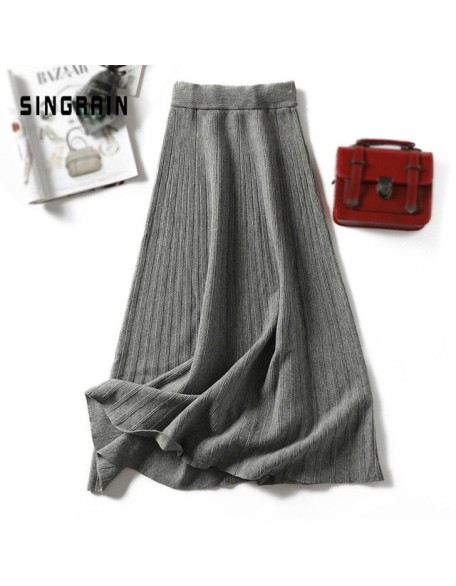 Knitted long skirt winter warm sweater stripe A-line maxi skirts