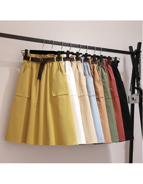 Knee Length No Belt Casual Cotton Solid High Waist Skirt