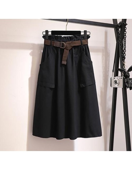 Knee Length No Belt Casual Cotton Solid High Waist Skirt