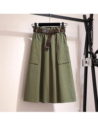 Knee Length No Belt Casual Cotton Solid High Waist Skirt