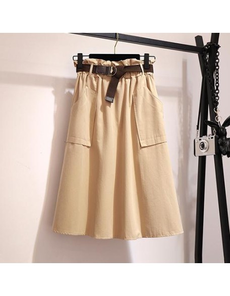 Knee Length No Belt Casual Cotton Solid High Waist Skirt