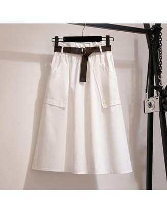 Knee Length No Belt Casual Cotton Solid High Waist Skirt