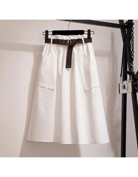 Knee Length No Belt Casual Cotton Solid High Waist Skirt