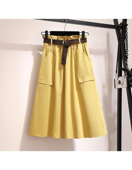 Knee Length No Belt Casual Cotton Solid High Waist Skirt