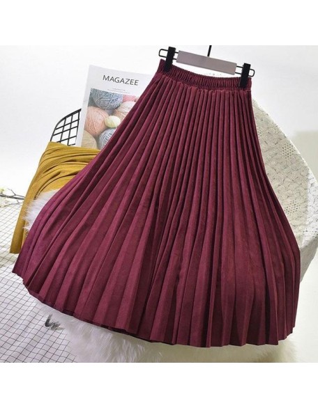 Elegant Suede Pleated Midi Skirt