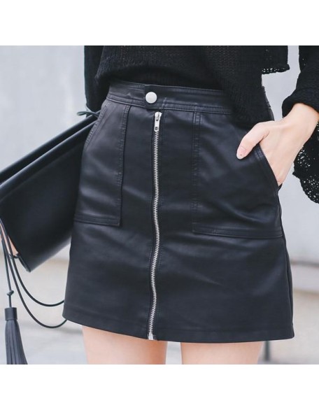 Skirt PU Leather Sexy Mini With Pockets Zipper A-line