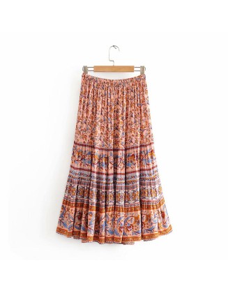 Vintage Boho Floral Print Elastic Sashes Gypsy Skirt