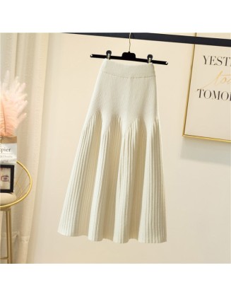 Warm Knitted Midi Long Pleated Skirt Women Style