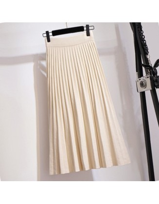 Knitted Midi Long Pleated Korean Style  High Waist Skirt