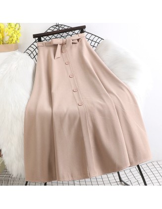 Fashion Elastic High Waist Single Breasted Bowknot Pleated Mid-Skirt