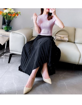 Fashion Diamond Beaded Satin Midi Long Pleated Skirt Women Style High Waist