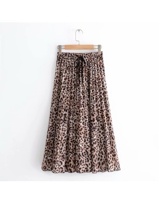 Vintage leopard printing pleated sashes chic mid-calf midi skirt