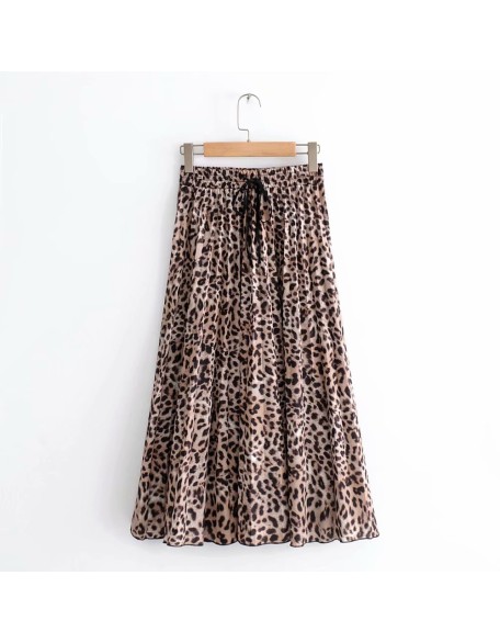 Vintage leopard printing pleated sashes chic mid-calf midi skirt