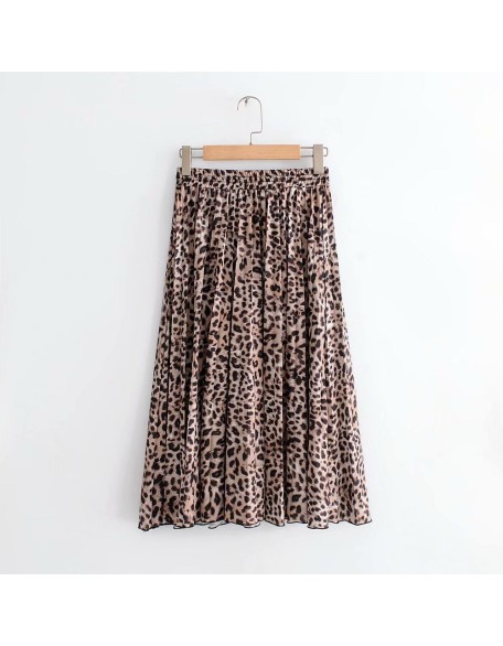Vintage leopard printing pleated sashes chic mid-calf midi skirt