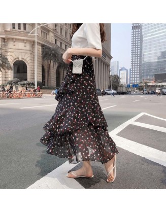 Boho Bohemian Ruffles Polka Dot Layer Flare High Waist Skirt