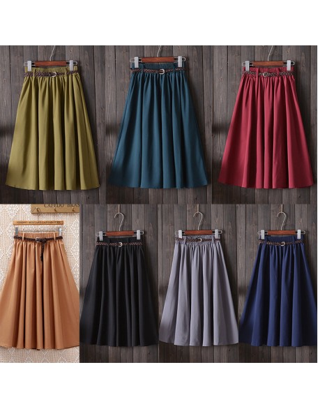 Midi Knee Length Pleated A-line School Skirt With Belt