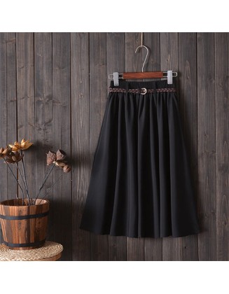 Midi Knee Length Pleated A-line School Skirt With Belt