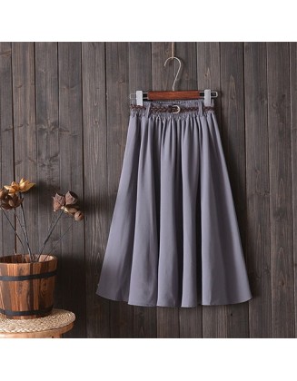 Midi Knee Length Pleated A-line School Skirt With Belt