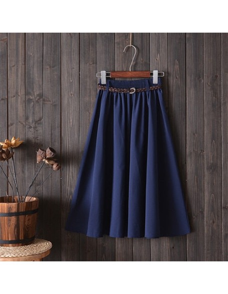 Midi Knee Length Pleated A-line School Skirt With Belt