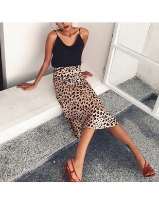 Leopard print A-Line high waist wild midi skirt