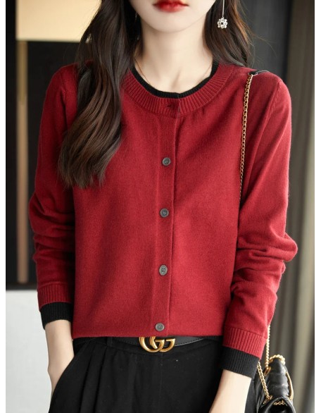 Knitted Cardigan Sweater Clothing O-neck Patchwork Long Sleeve Tops