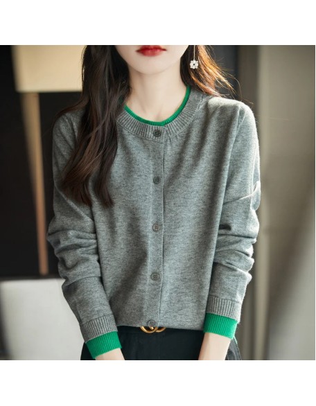 Knitted Cardigan Sweater Clothing O-neck Patchwork Long Sleeve Tops