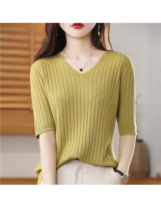 Women's V-neck Short-Sleeved Knitted Sweater Pullover Solid Color