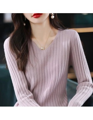 Women Sweater Long Sleeve Top Knitted Pullover V-Neck Fashion
