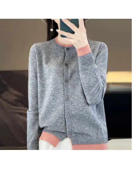 Knitted Cardigan Sweater Clothing O-neck Patchwork Long Sleeve Tops
