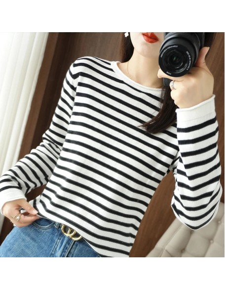 Sweater Curled O-neck Strip Pullover Casual Knit Clothing Fashion