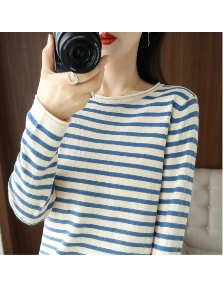 Sweater Curled O-neck Strip Pullover Casual Knit Clothing Fashion