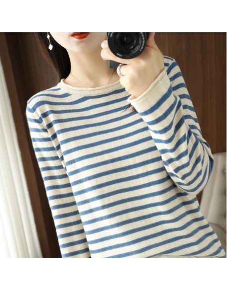 Sweater Curled O-neck Strip Pullover Casual Knit Clothing Fashion