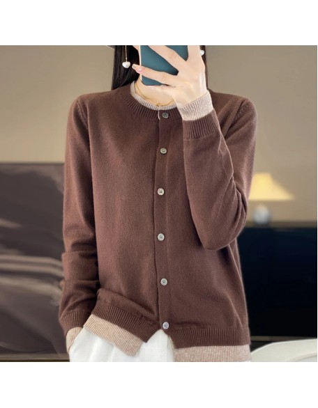 Knitted Cardigan Sweater Clothing O-neck Patchwork Long Sleeve Tops