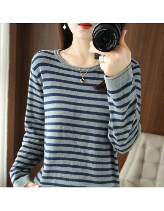 Sweater Curled O-neck Strip Pullover Casual Knit Clothing Fashion