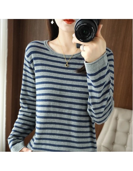 Sweater Curled O-neck Strip Pullover Casual Knit Clothing Fashion