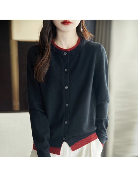 Knitted Cardigan Sweater Clothing O-neck Patchwork Long Sleeve Tops