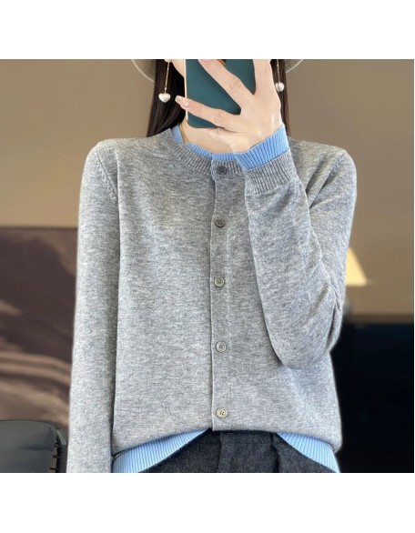 Knitted Cardigan Sweater Clothing O-neck Patchwork Long Sleeve Tops