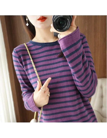 Sweater Curled O-neck Strip Pullover Casual Knit Clothing Fashion