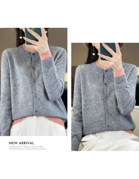Knitted Cardigan Sweater Clothing O-neck Patchwork Long Sleeve Tops