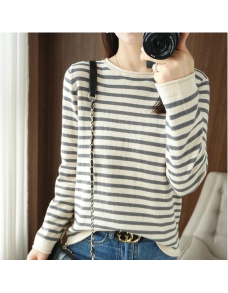 Sweater Curled O-neck Strip Pullover Casual Knit Clothing Fashion
