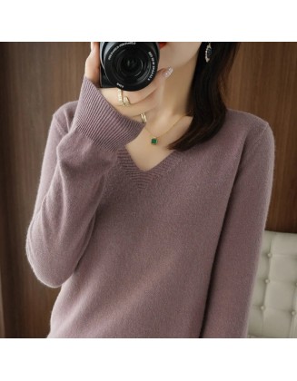 V-neck Pullover Lace Neck Hollow Out Design Casual Long Sleeve Sweater