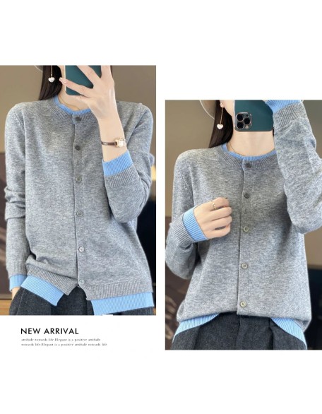 Knitted Cardigan Sweater Clothing O-neck Patchwork Long Sleeve Tops