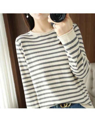 Sweater Curled O-neck Strip Pullover Casual Knit Clothing Fashion