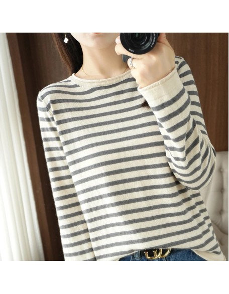 Sweater Curled O-neck Strip Pullover Casual Knit Clothing Fashion