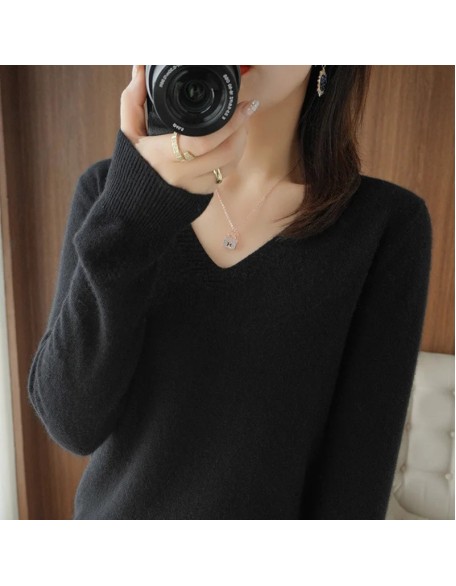 V-neck Pullover Lace Neck Hollow Out Design Casual Long Sleeve Sweater