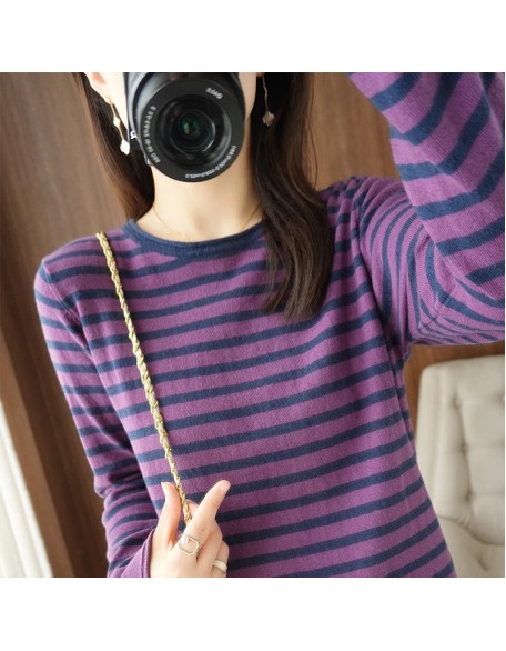 Sweater Curled O-neck Strip Pullover Casual Knit Clothing Fashion