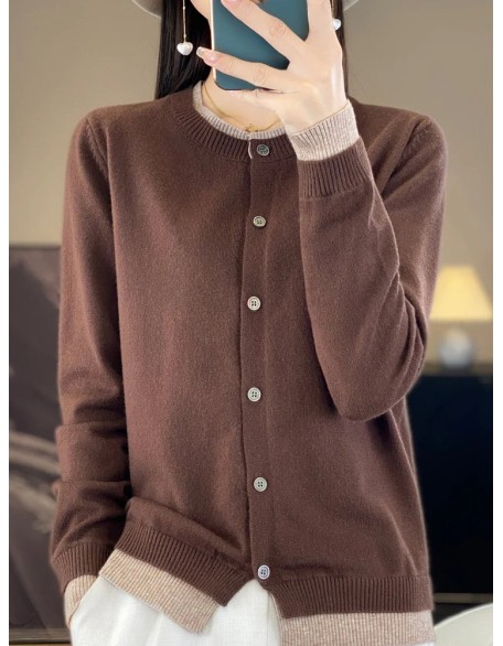 Knitted Cardigan Sweater Clothing O-neck Patchwork Long Sleeve Tops