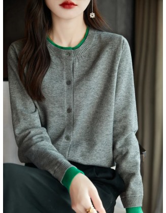 Knitted Cardigan Sweater Clothing O-neck Patchwork Long Sleeve Tops