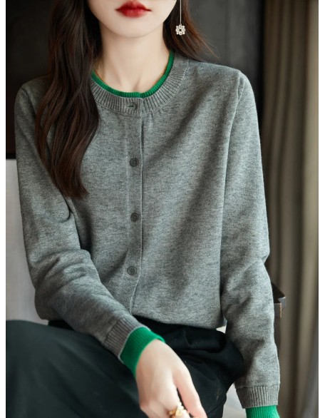 Knitted Cardigan Sweater Clothing O-neck Patchwork Long Sleeve Tops
